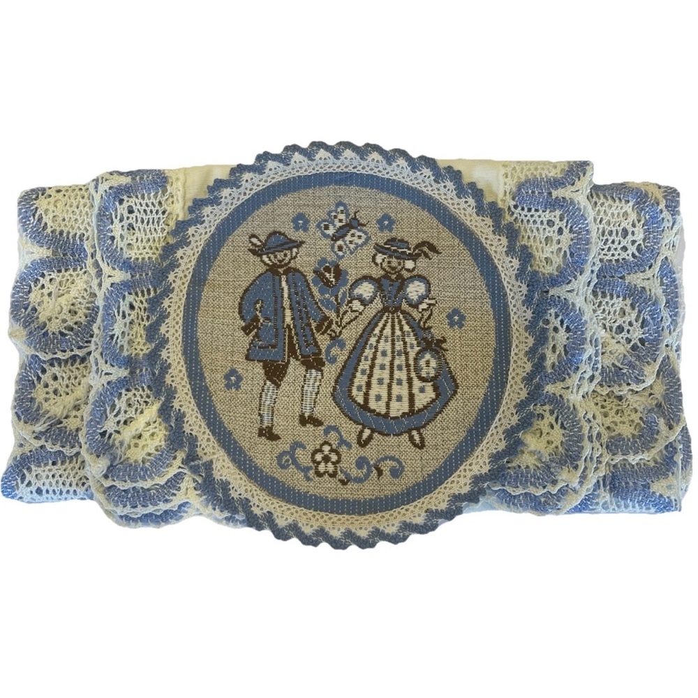 Vintage Austrian Folk Art Dancing Couple Doily & Linen 4 Piece Set Blue & White